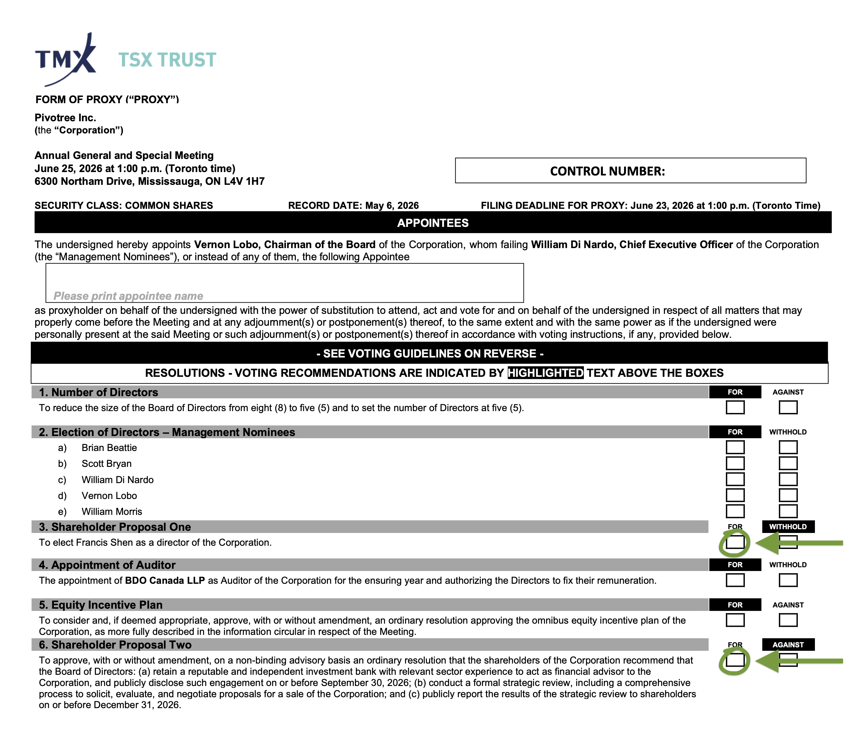 Pivotree official Form of Proxy (TSX Trust), filed with the 2026 Management Information Circular on May 25, 2026.